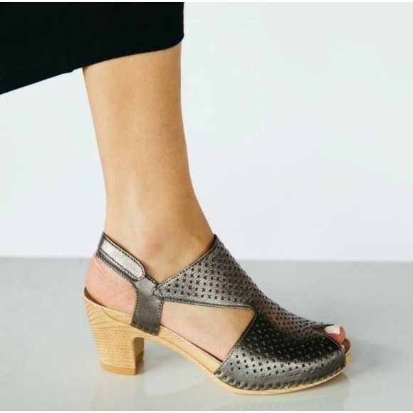 NEW Dansko‎ Teagan Leather Peep Toe Heeled SandalsGunmetal 41 US 10.5-11